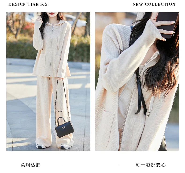 100% Merino wool fall/winter new women's sweater crewneck hooded Cardigan Fashion all-in-one warm pants suit