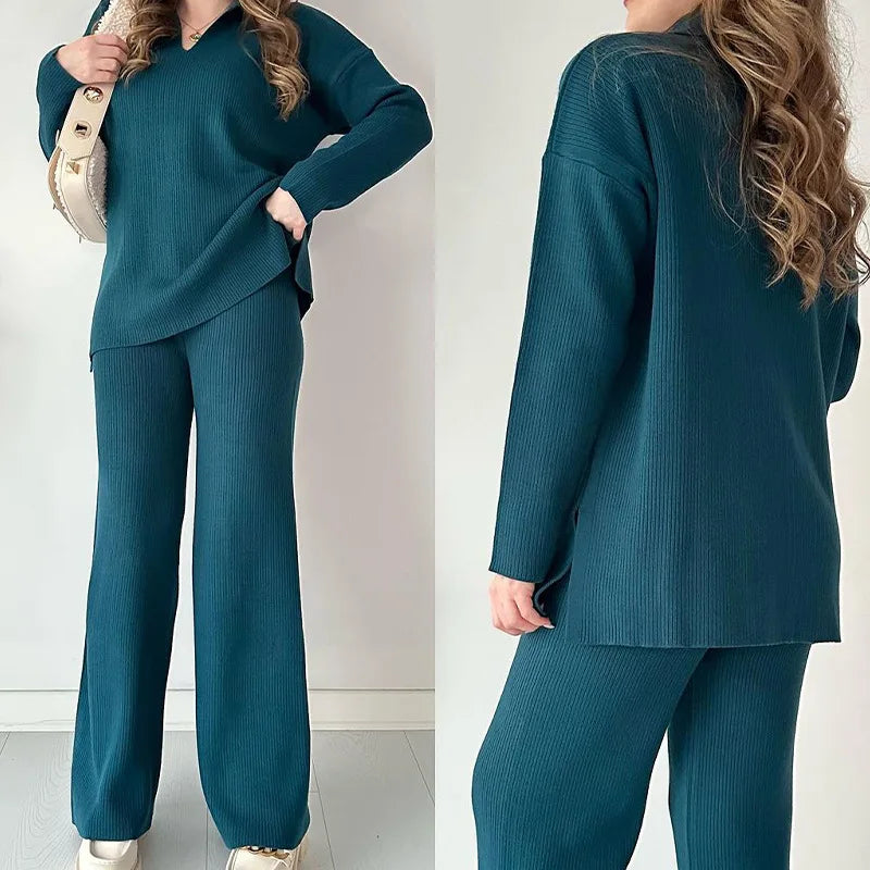 2024 Women's Knitted Pullover Sets 2PCS Solid V Neck Hem Split Loose Top + Set Wide Leg Pants Two Pcs Outfit Female Oversized