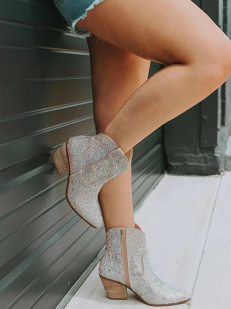 Western Cowboy Boots Fashion Women Ankle Boots Glitter Bling Shiny Trend High Heels High Quality Sexy Shoes Botas De Mujer 2024