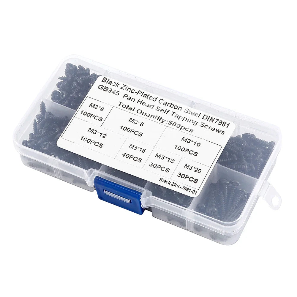 500/1000Pcs M3 Screws Sets Self Tapping Screws Pan Head Cross Drilling Wood Screw Assortment Kit M3/M4/M3.5/M4.8 Carbon Steel