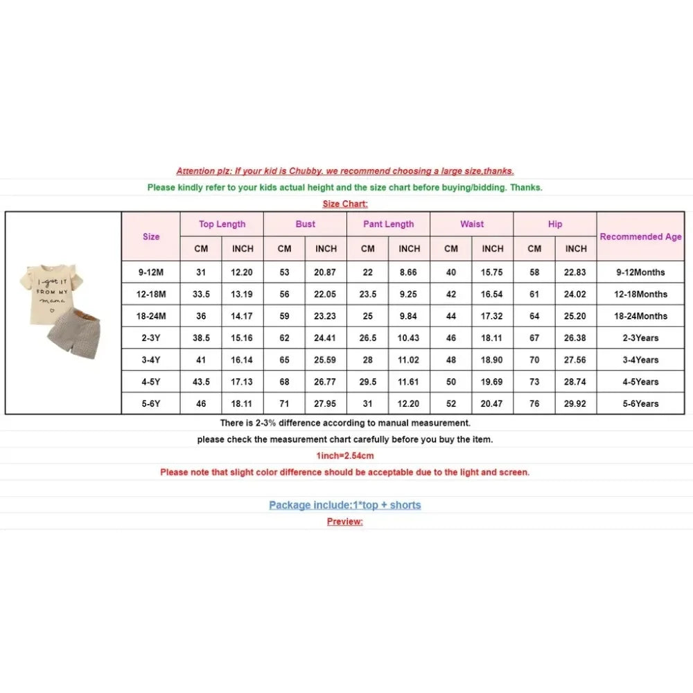 2PCS Toddler Baby Girl Clothing Set Letter Print Short Sleeve Top+Checkered Shorts Fashion Casual Suits for Kids Girl 1-6 Years