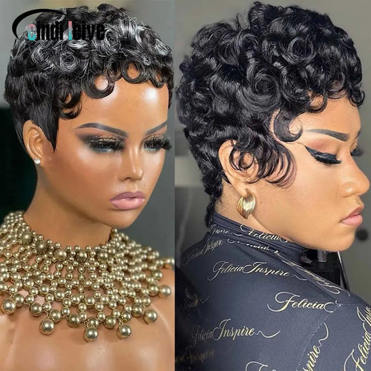 Curly Remy Human Hair Pixie Cut Short Wigs For Women