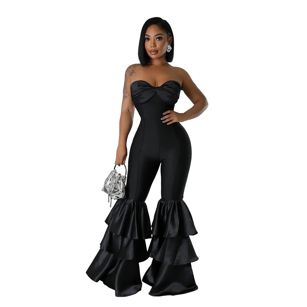 Jumpsuits Strapless Women Sleeveless Sexy Rompers One Piece Overalls Slim Fit Long Pant Ruffles Patchwork Elegant Lady