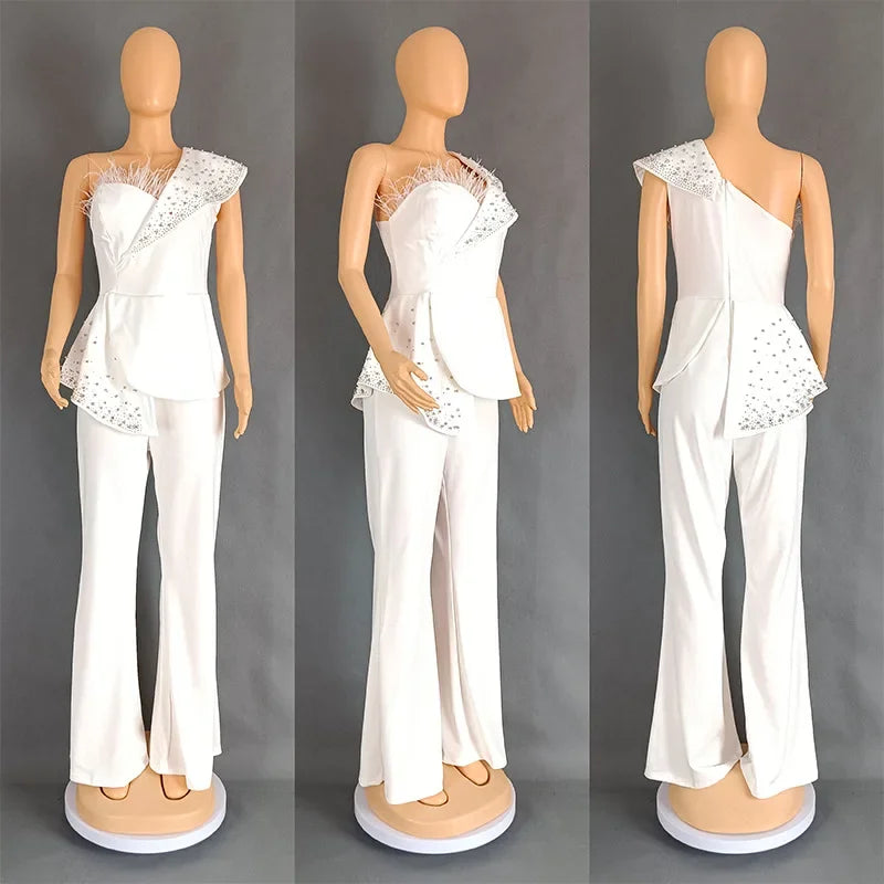 CM.YAYA Vintage Pearl Feather Sleeveless Patchwork Women Party Evening Prom Straight Jumpsuits 2024 Summer Sexy Playsuit Outfit
