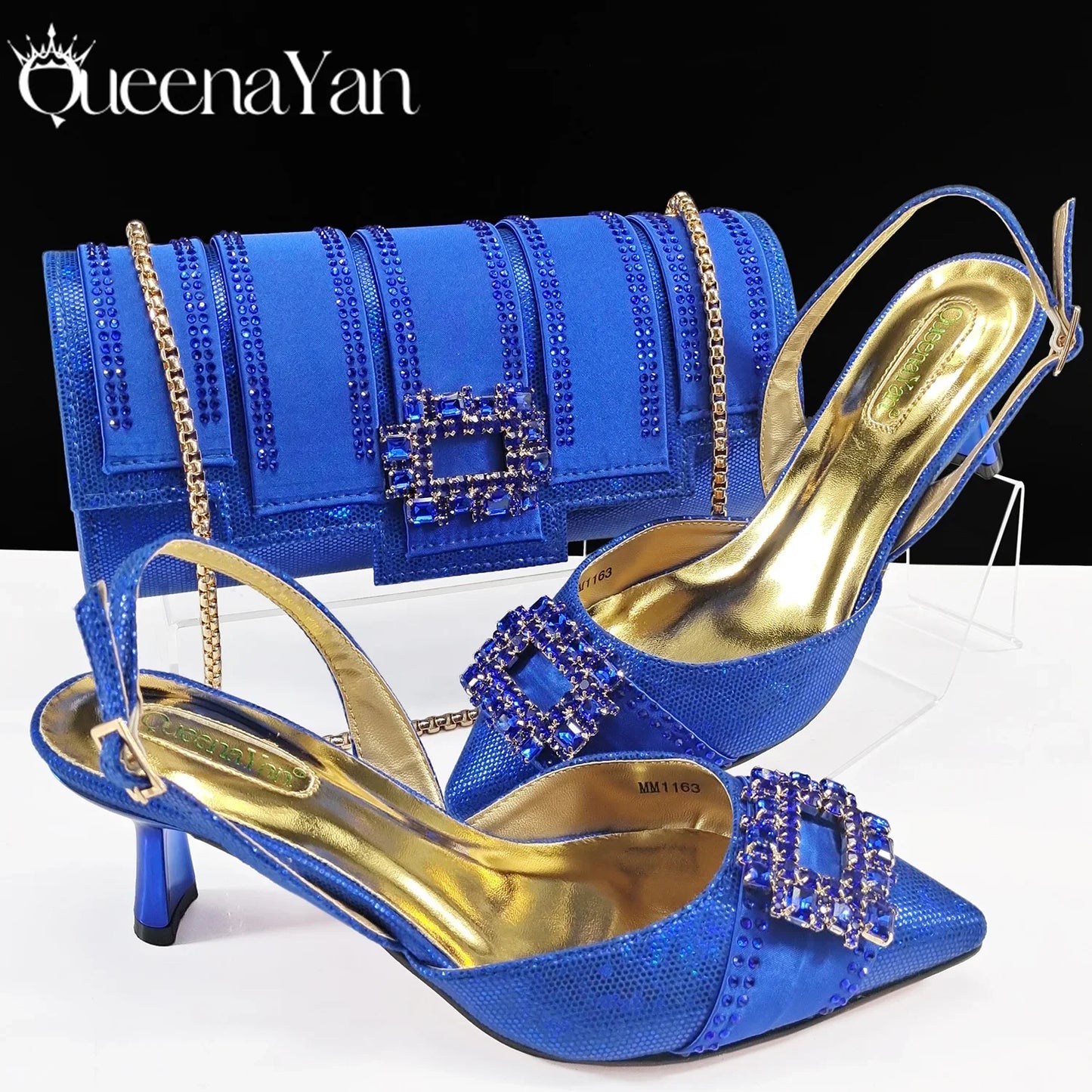 Nigeria Elegant Noble Party Wedding Shoes And Bag Pointed Toe Decorated With Rhinestone Women's Heel Shoes