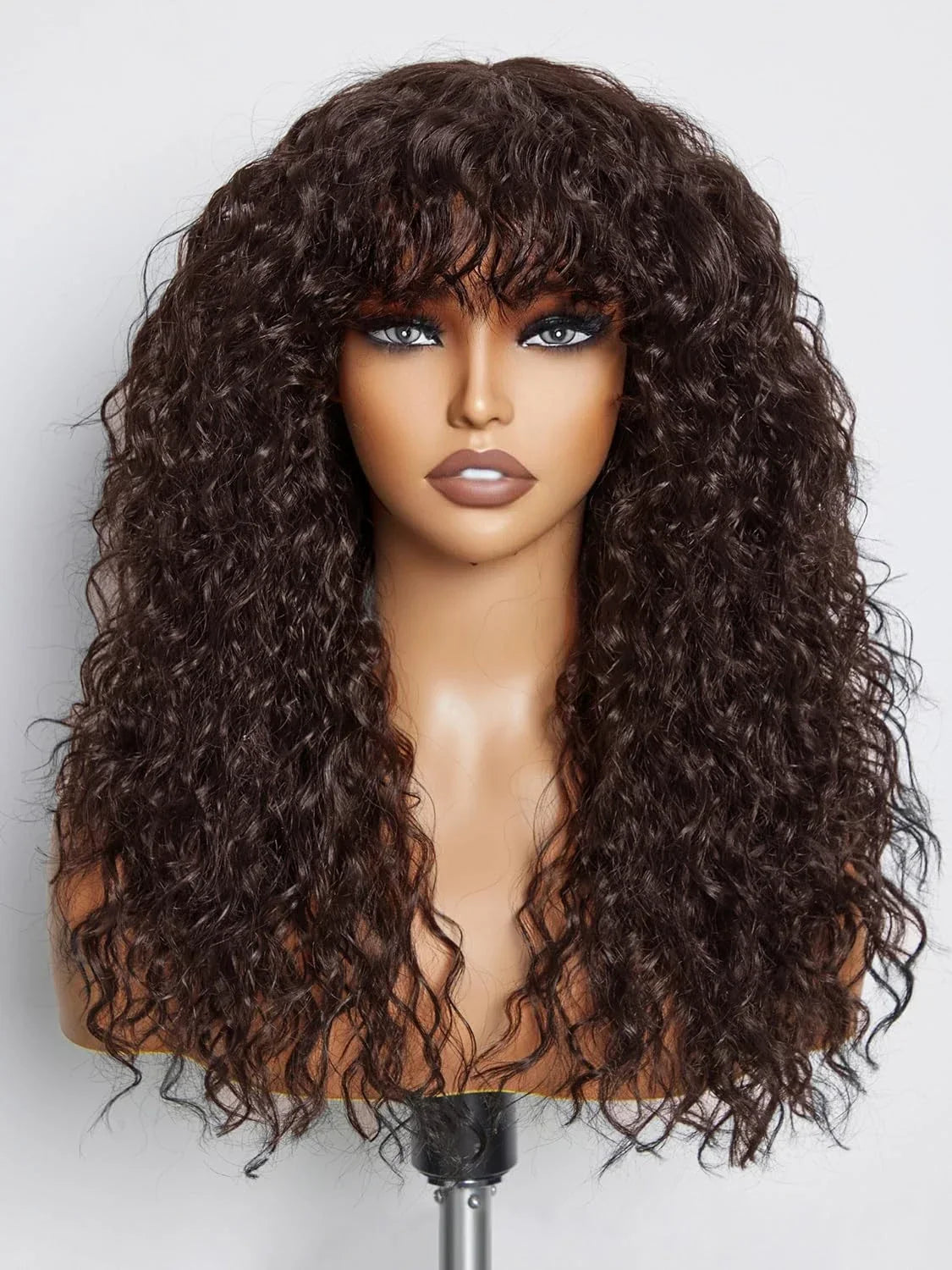 100% Human Hair Wigs with Bang Full Wig Brown Black Highlight Water Wave Machine Made Non Lace Wig with Fringe Bobbi Wig