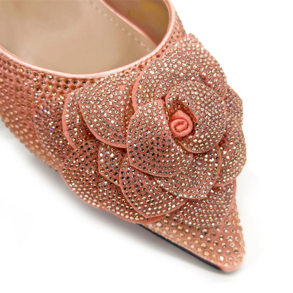 Women's Pointed-Toe Large Flower Decoration Rhinestone Low Heel Italian Shoes and Bags Set