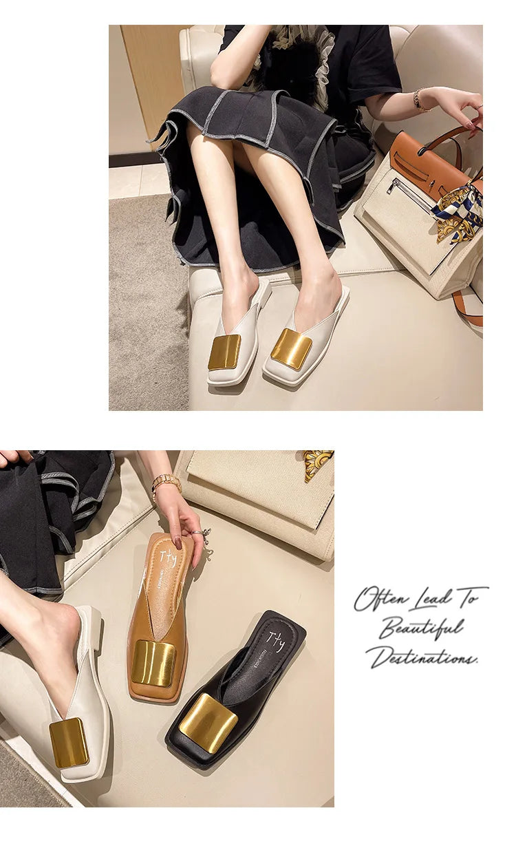 Baotou Slippers Women Wear 2024 New Korean Version of Lazy Metal Buckle Sandals Slip-on Sandals