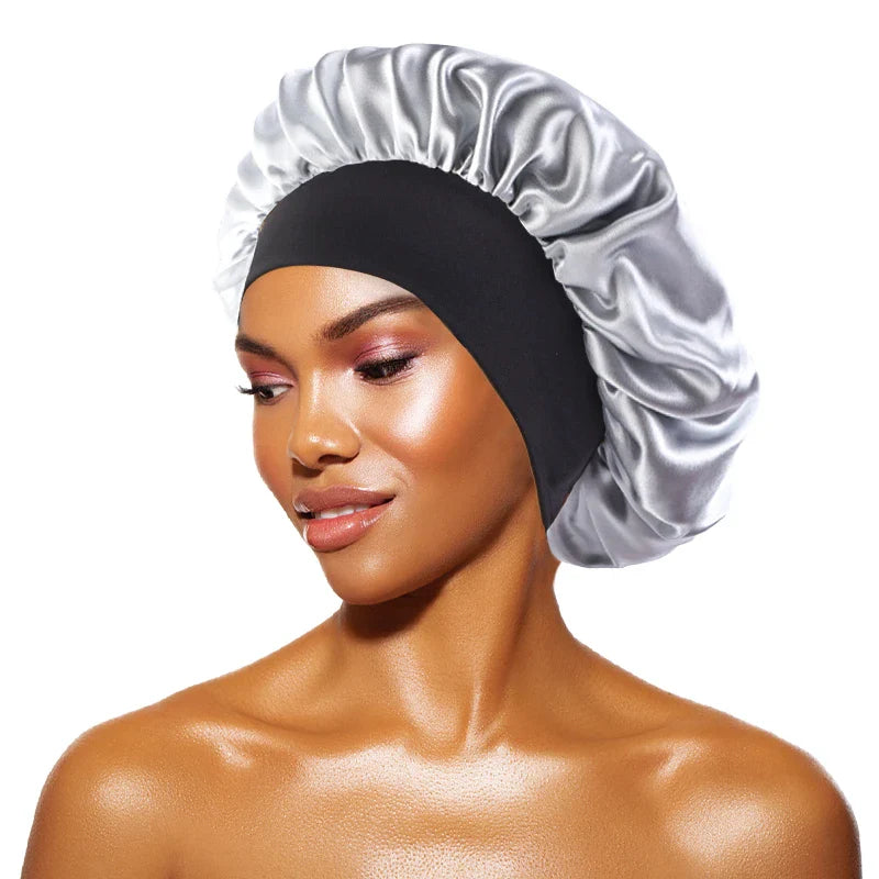 Women's Satin Solid Bonnets Wide-brimmed Night Sleeping Bathing Hat Unisex Head Wrap Elastic Band Cap Hair Care Bonnet