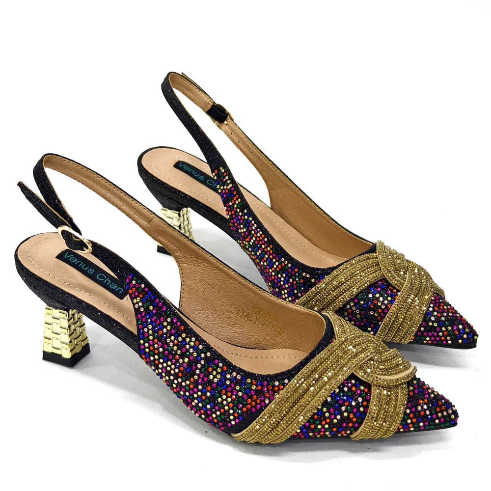 Venus Chan Black Hollow Design With Pointed Shoes And Fashion Three-Dimensional Bag Cozy Rhinestones Are Suitable For Parties