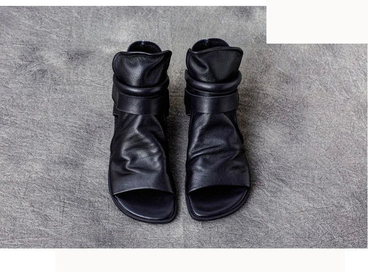 Birkuir Fashion Pleated Women Sandals Genuine Leather Flats High Top Sandals Luxury 2024 Open Toe Summer Boots Hook Loop Sandals