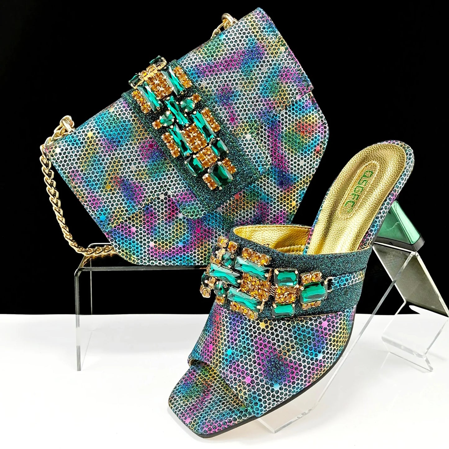 Italian Fashionable Square toe Women Heels Rhinestone Decoration Shoe and Bag set