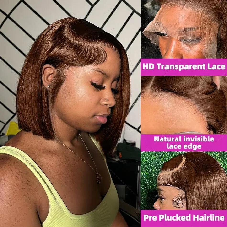 Brazilian  250 Density Short Bob 13x4 HD Transparent Lace Front Human Hair Wig Chocolate Brown Straight 13x5 Lace Frontal Wigs