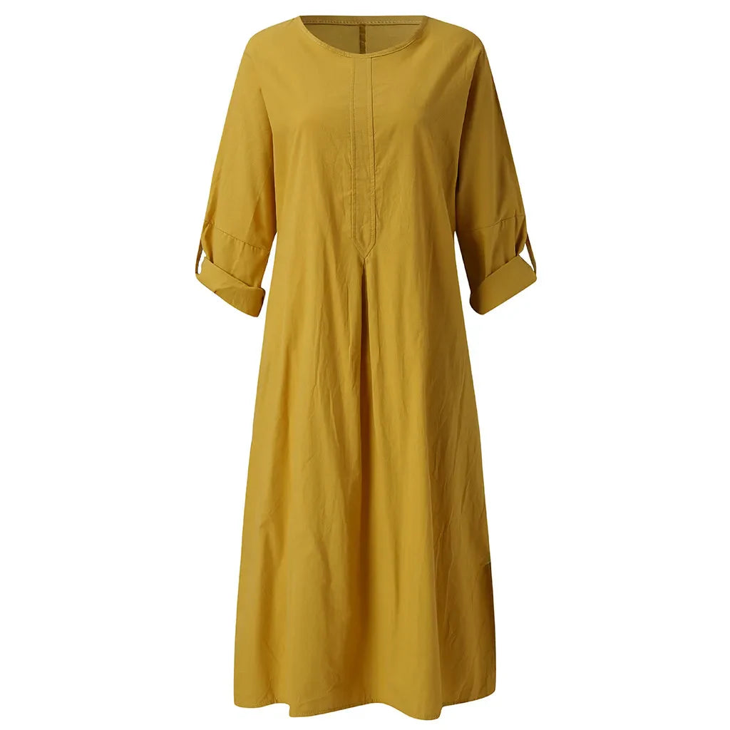 Holiday Dresses For Women 2023 Plus Size Long Sleeve Solid O-neck Summer Maxi Dress With Pockets V Neck Dresses Платье Женское