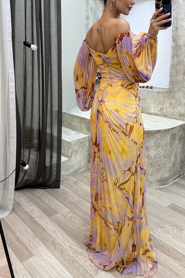 Women Floral Lantern Long Sleeve Dress Elegant Rhinestone Off Shoulder Maxi Dresses Sexy Deep V-neck  Waist Split Parties Dress