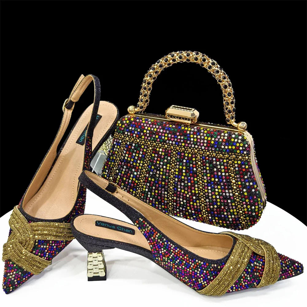 Venus Chan Black Hollow Design With Pointed Shoes And Fashion Three-Dimensional Bag Cozy Rhinestones Are Suitable For Parties