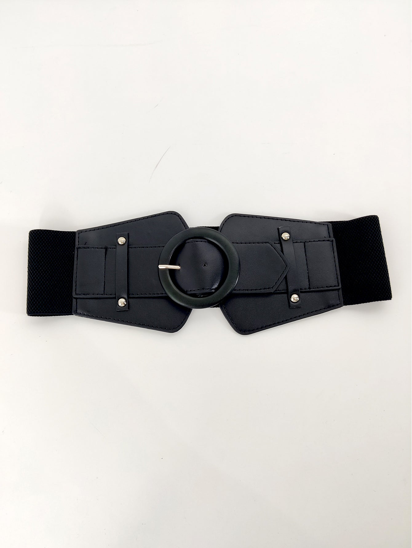 Women’s Wide Stretch Corset Belt – Elastic Cummerbund Waist Cincher with Round Buckle, PU Leather Panels, Adjustable Plus Size Dress Belt