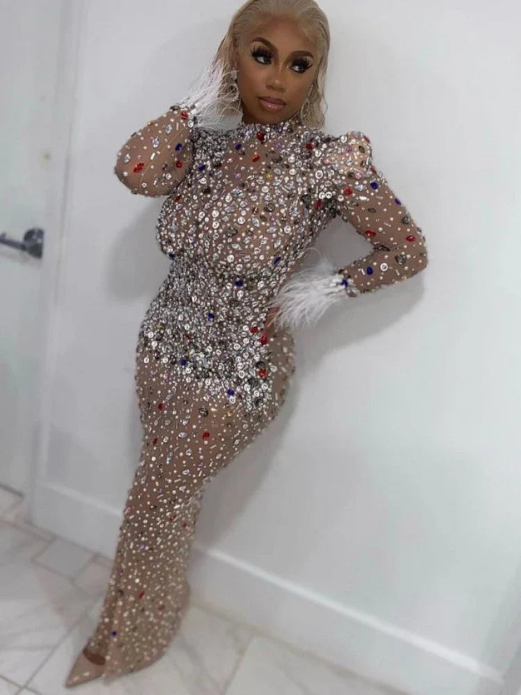 CM.YAYA Vintage Women Mesh See Though Crystal Feather Hem Long Sleeve Bodycon Midi Maxi Long Dress Sexy Party Club Dresses