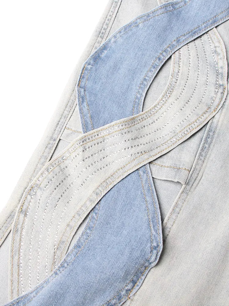Women's Crisscross Streetwear Denim Trousers With High Waist Patchwork
