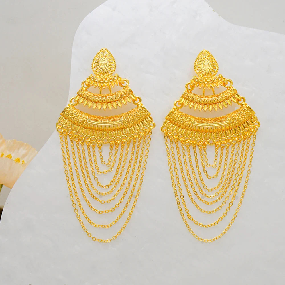 Luxury African Gold Color Tassel Drop Dangle Earring For Wedding Party Jewelry Dubai Arabic Indian Copper Long Hanging Earrings