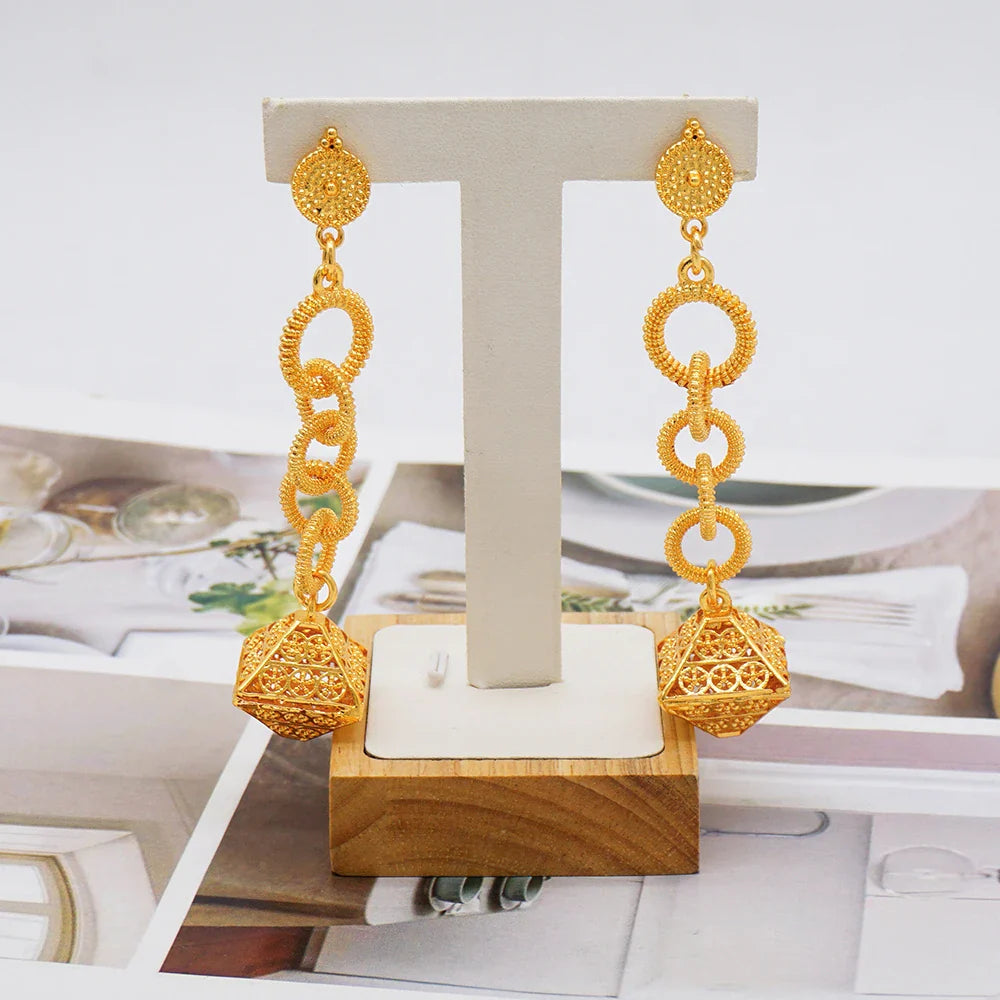 24k golden-plated long chain necklace earring set for women's jewelry in Nigeria