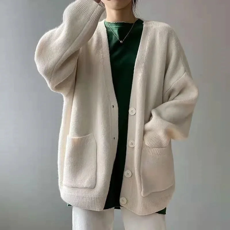 Rimcoy 2025 Chic Yellow Sweater Cardigan Women Lazy Wind Single-Breasted Knitted Cardigan Women Solid V Neck Cardigans Female