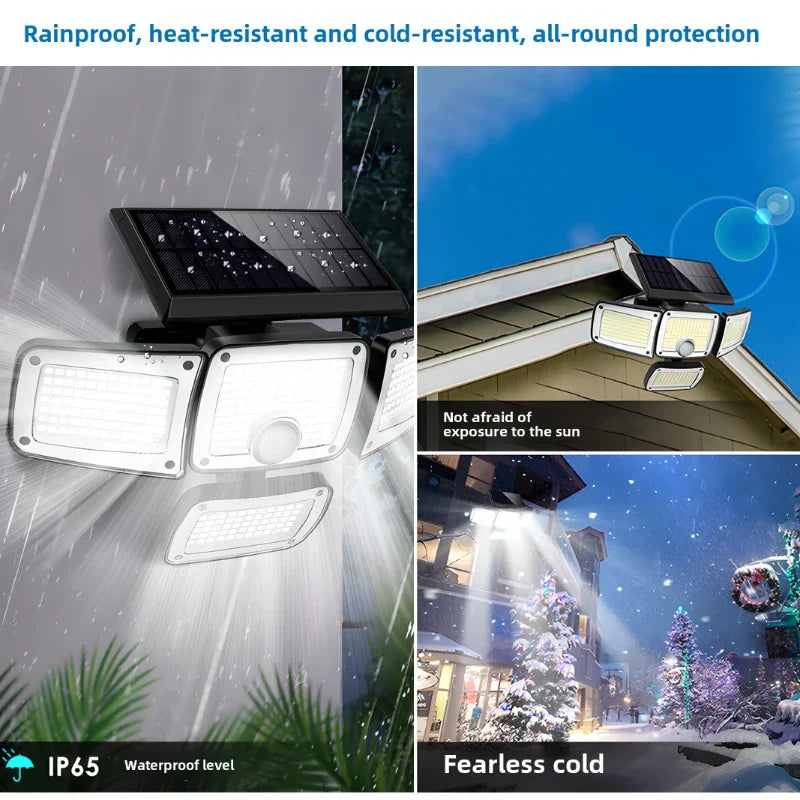 Solar Lights Outdoor 346 LED Solar Wall Lamp with Motion Sensor 3 Modes Waterproof 4 Heads Security Floodlight for Yard Garage