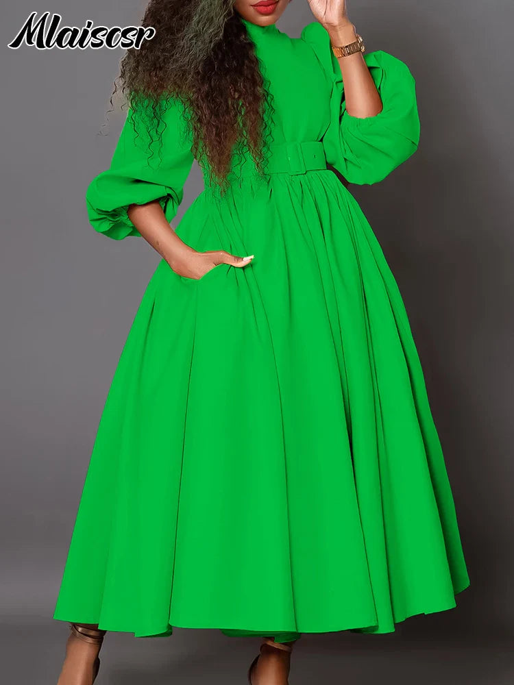 Mlaiscsr Elegant Evening Wedding Guest Party Yellow Pleated Dress Woman O Neck Long Sleeve Belt Waisted Birthday Dinner Vestidos