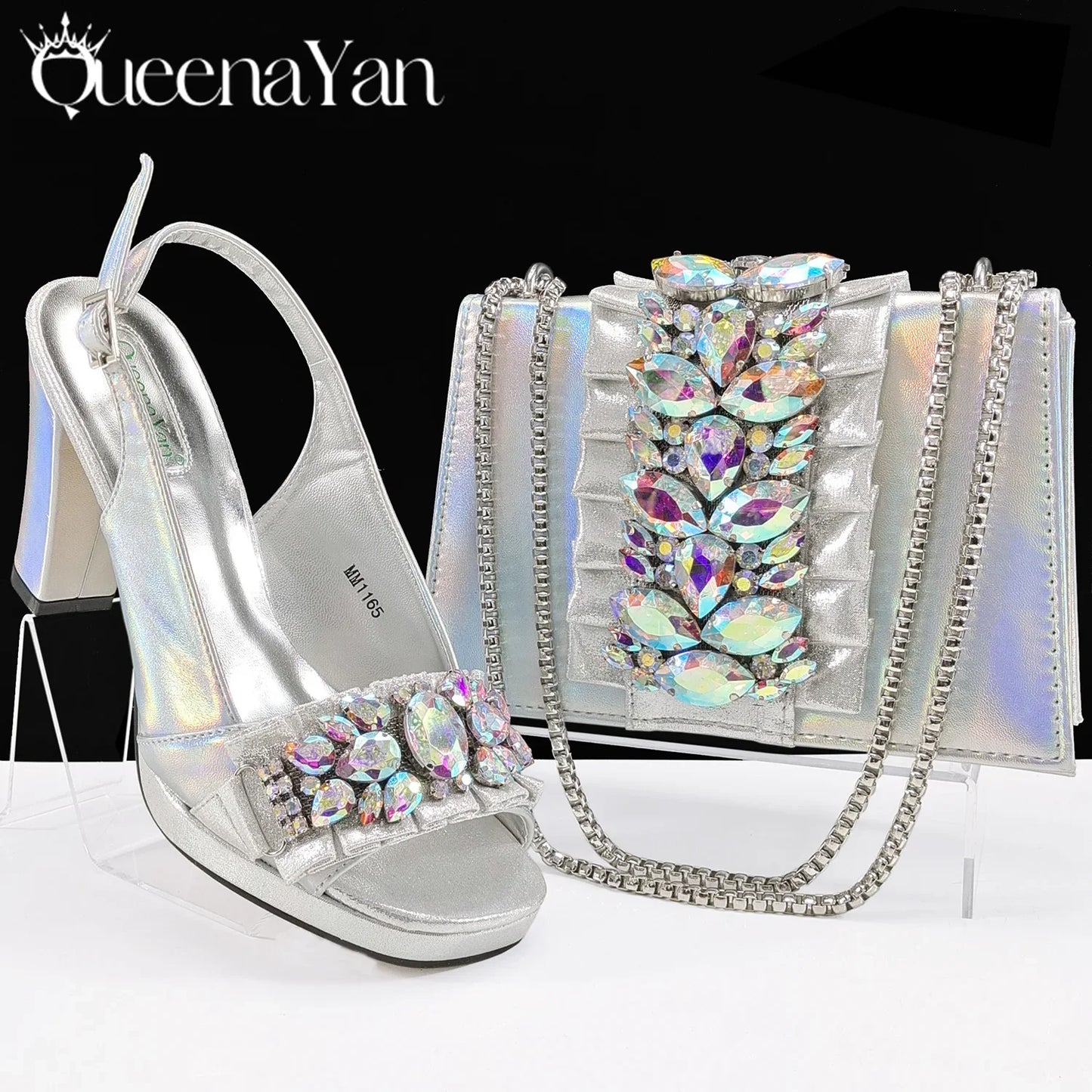 Queena Yan Spot goods INS Gold Color Elegant Women Heels Shoes and Bag Set Decoration Rhinestones Women High Heels Shoes