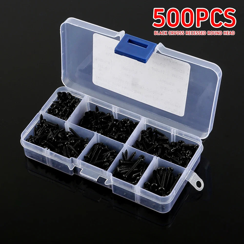 500/1000Pcs M3 Screws Sets Self Tapping Screws Pan Head Cross Drilling Wood Screw Assortment Kit M3/M4/M3.5/M4.8 Carbon Steel