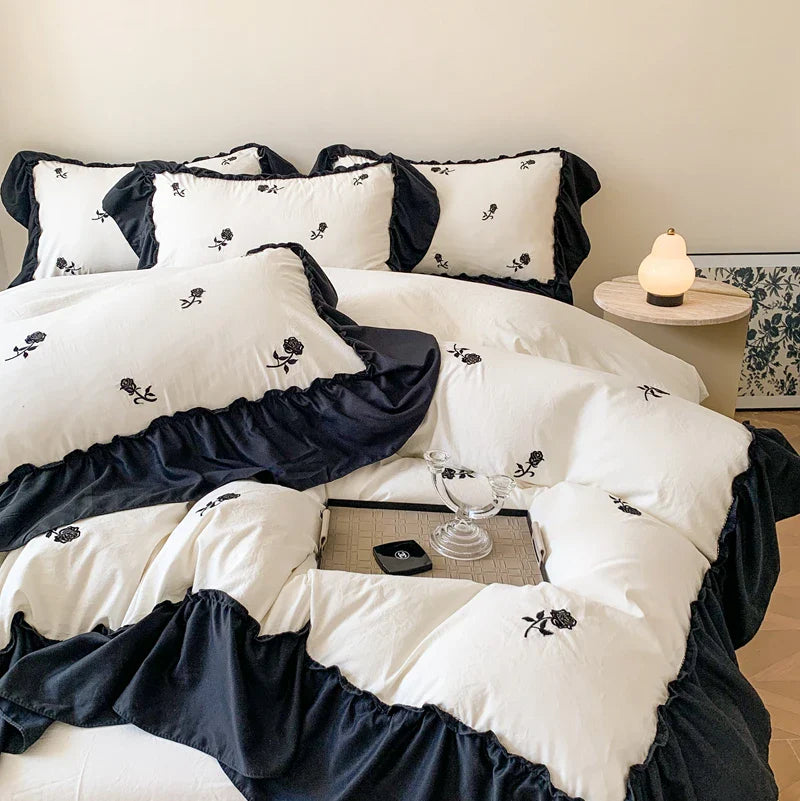 3pcs Rose Embroidered Duvet Cover Set (1*Duvet Cover + 2*Pillowcase, Without Core), Princess Style Lace Bedding Set