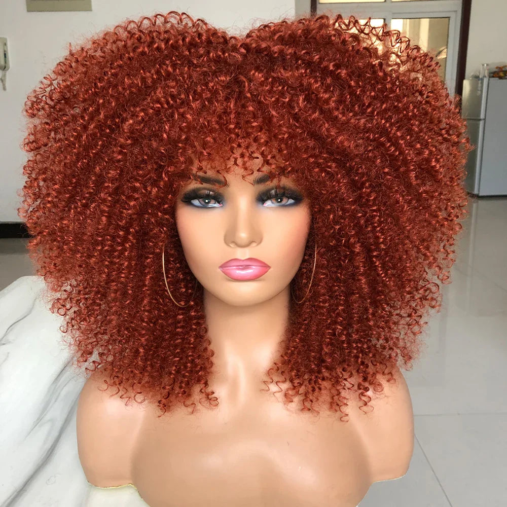 Curly Afro Wigs for Black Women Short Curly Wig with Bangs Kinky Curls Curly Hair Synthetic Wigs for African American Women