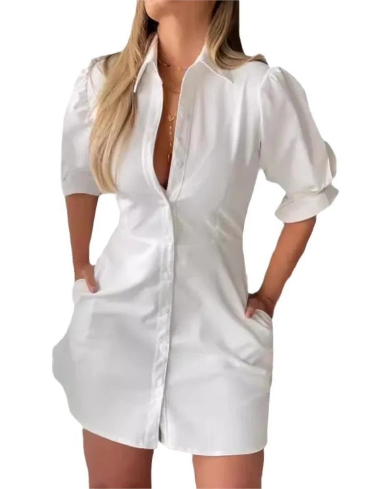 Summer Fashion White Turn-down Collar Shirt Mini Dress Elegant Women Casual Lantern Sleeve Button Pocket High Waist Slim Dresses