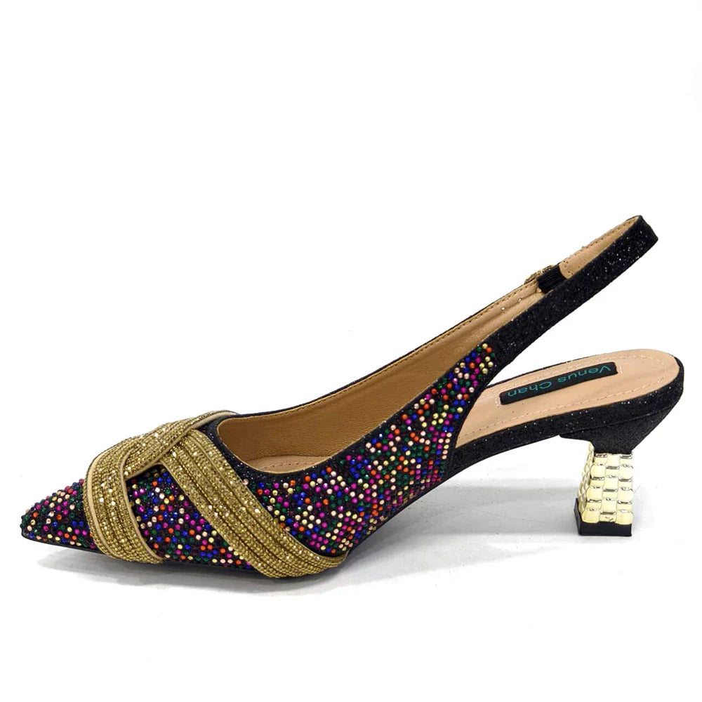 Venus Chan Black Hollow Design With Pointed Shoes And Fashion Three-Dimensional Bag Cozy Rhinestones Are Suitable For Parties