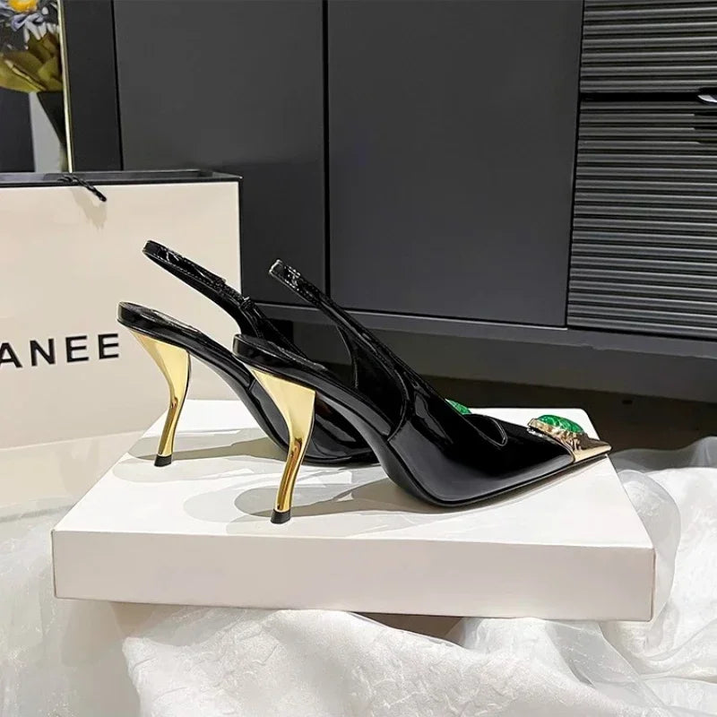 Iron Head Fashion Heterosexual Red High Heels Fox Head Jewel Decoration New Plus Size Banquet Shoes Women's High Heel Sandals