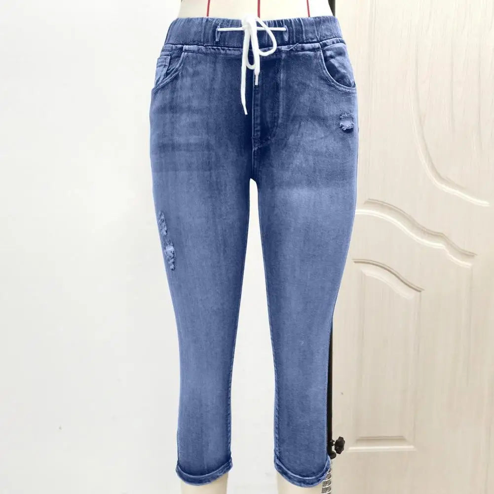 2024 High Waist Jeans Women Leggings Vintage Elastic High Waist Drawstring Pockets Denim Pants Calf Length Jeans Slim Fit Capris
