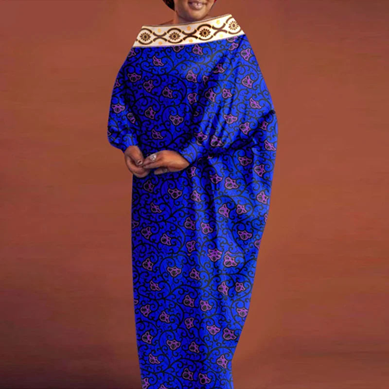 Women's Bohemian Printing Maxi Dress Long Bat-wing Sleeve Elegant Casual Round Neck