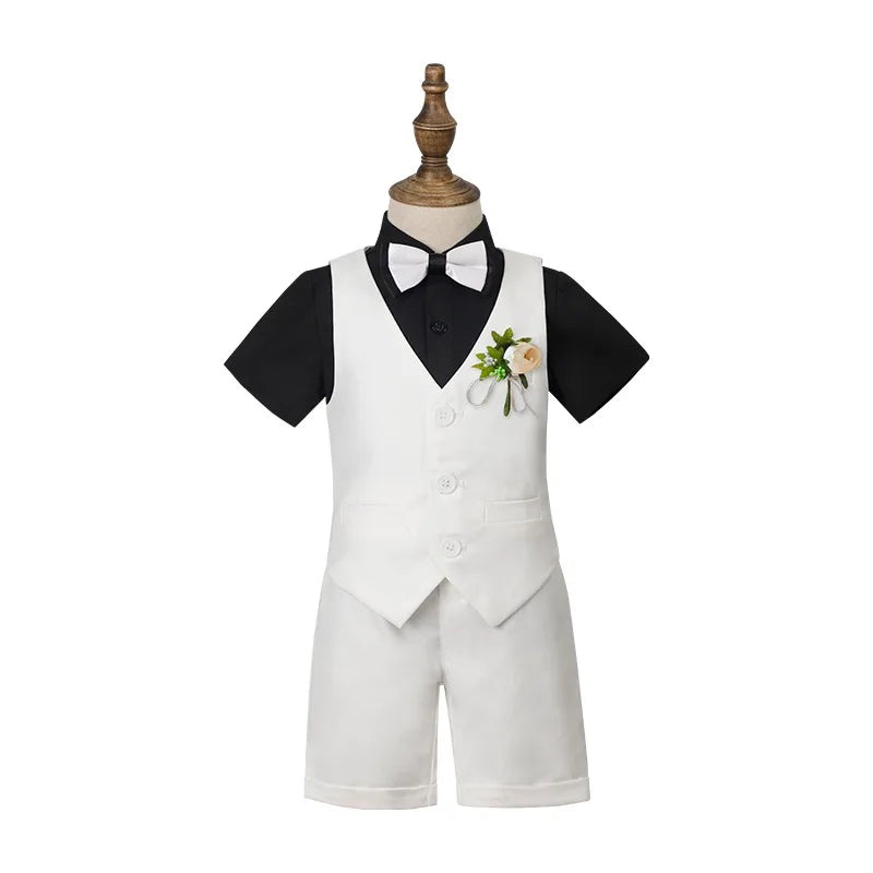 Children Green White Baptism Photography Suit Kids Vest Shirt Shorts Bowtie Ceremony Costume Boys Breathable Wedding Dress
