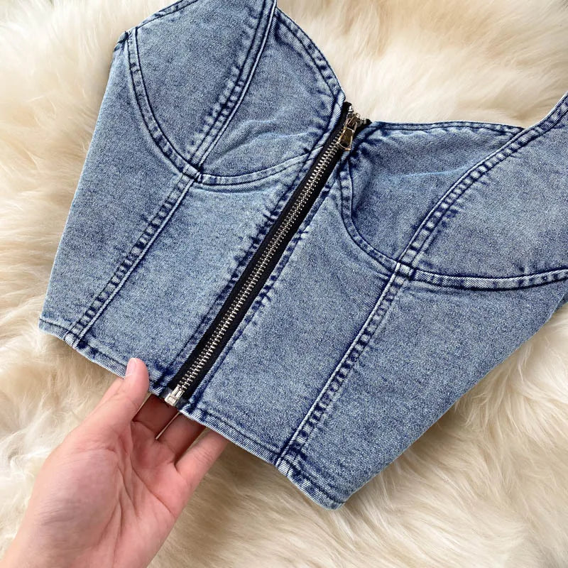 CM.YAYA Women Denim Sets Sleeveless Strap Crop Top and Long Skirts Suits 2024 Summer Jeans Streetwear Two 2 Piece Sets Outfits