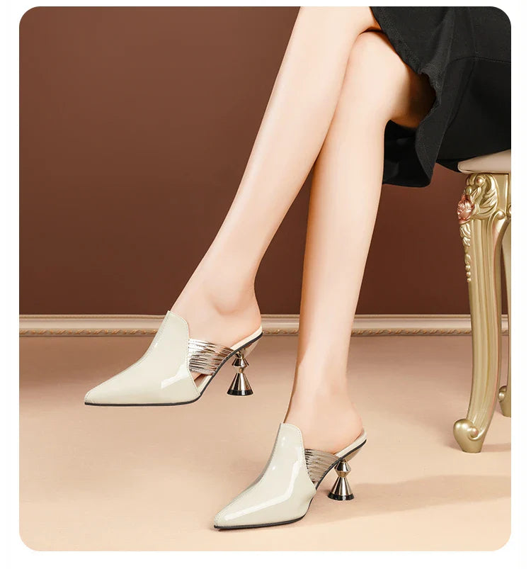 High Heel Slippers Pointed Toe Shoes Woman Elegant Mules Shoes Women Black Green Metal Heel Outdoors Womens Slippers Big Size