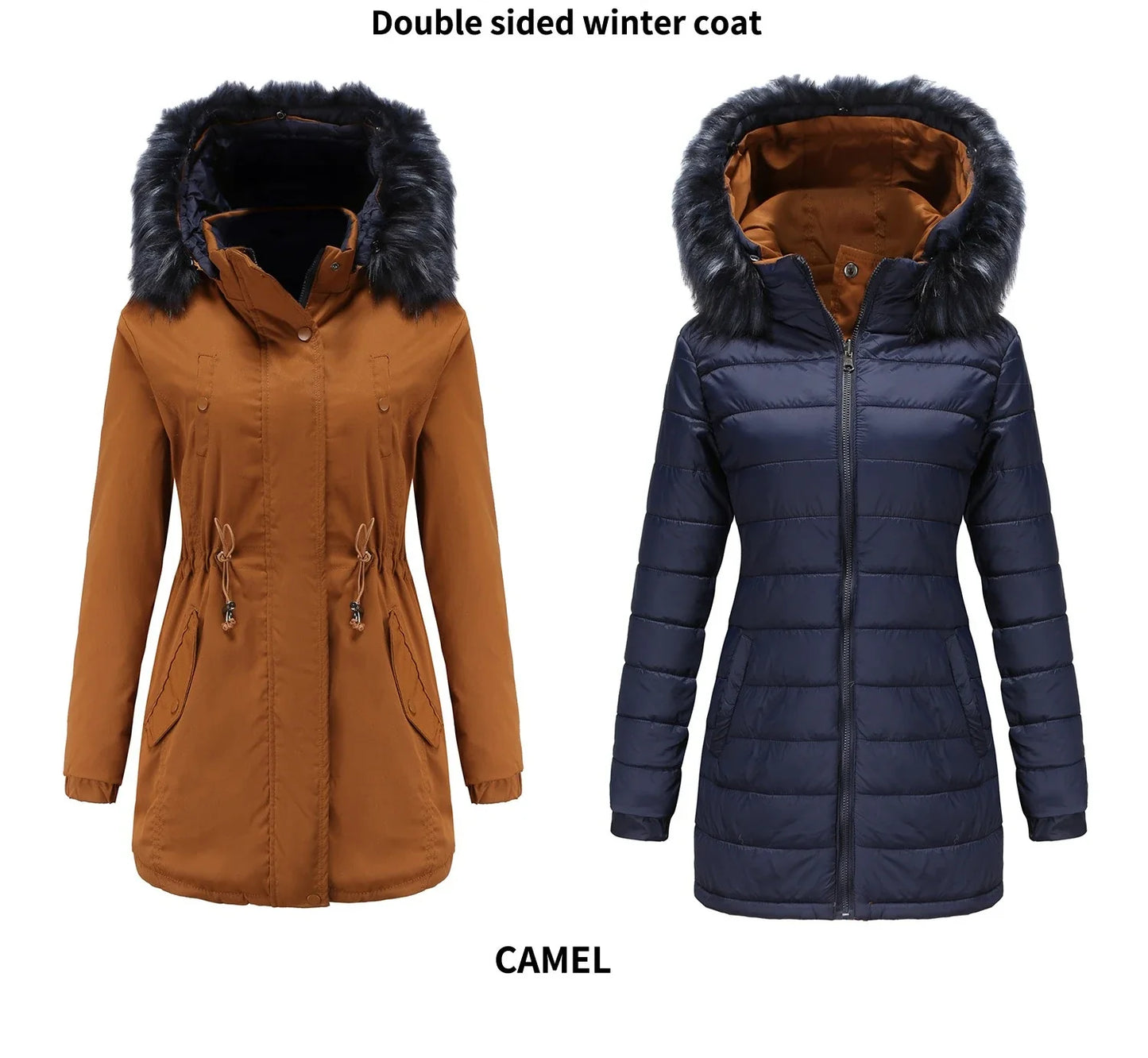 Double Sided Women's winter Thick Detachable Zipper Parka Jacket