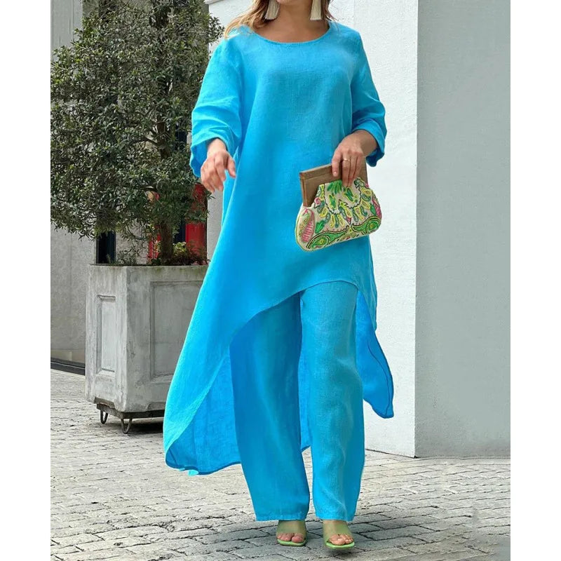 Women's Cotton Linen Long Pants Sets Fashion Solid Casual Irregular Tops Wide Leg Pant Suits Office Lady Two Piece Sets Clothes