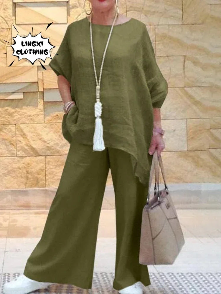 2024 Summer Fashion Cotton Linen Women's Set Large Irregular Linen Shirt High Waist Loose Wide Leg Pants Elegant Two Piece Set