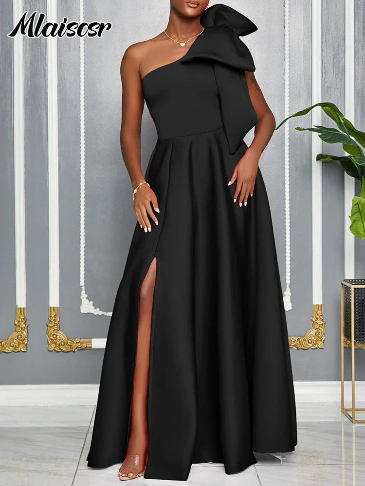 Mlaiscsr Slash Collar One Shoulder Big Bow A-Line Evening Dresses Women Elegant Red African Pleated Wedding Party Birthday Robe