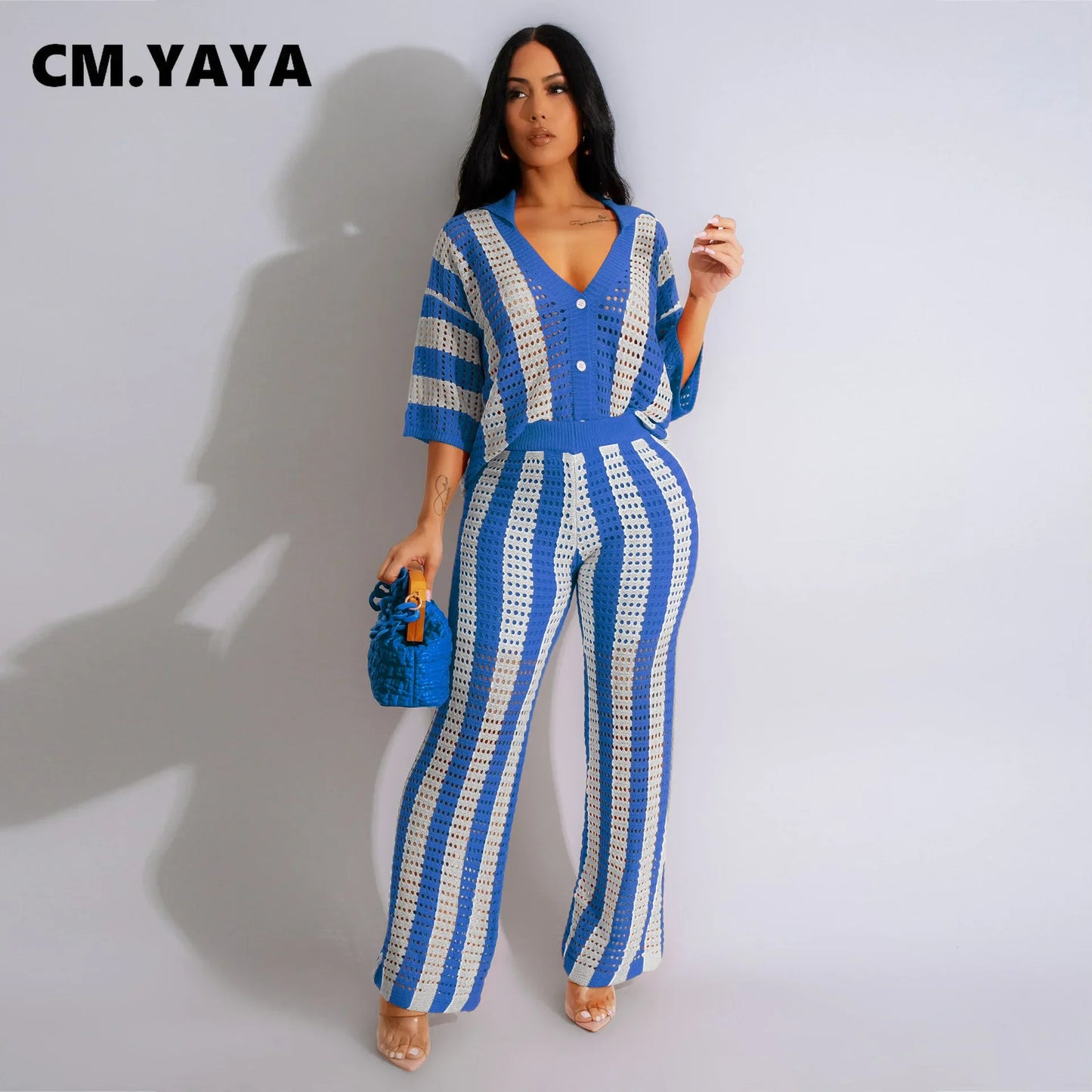 CM.YAYA Knit Ribbon Women's Set Short Sleeve Shirts and Wide Leg Pants 2024 Summer Beach Two 2 Piece Sets Outfits Tracksuit