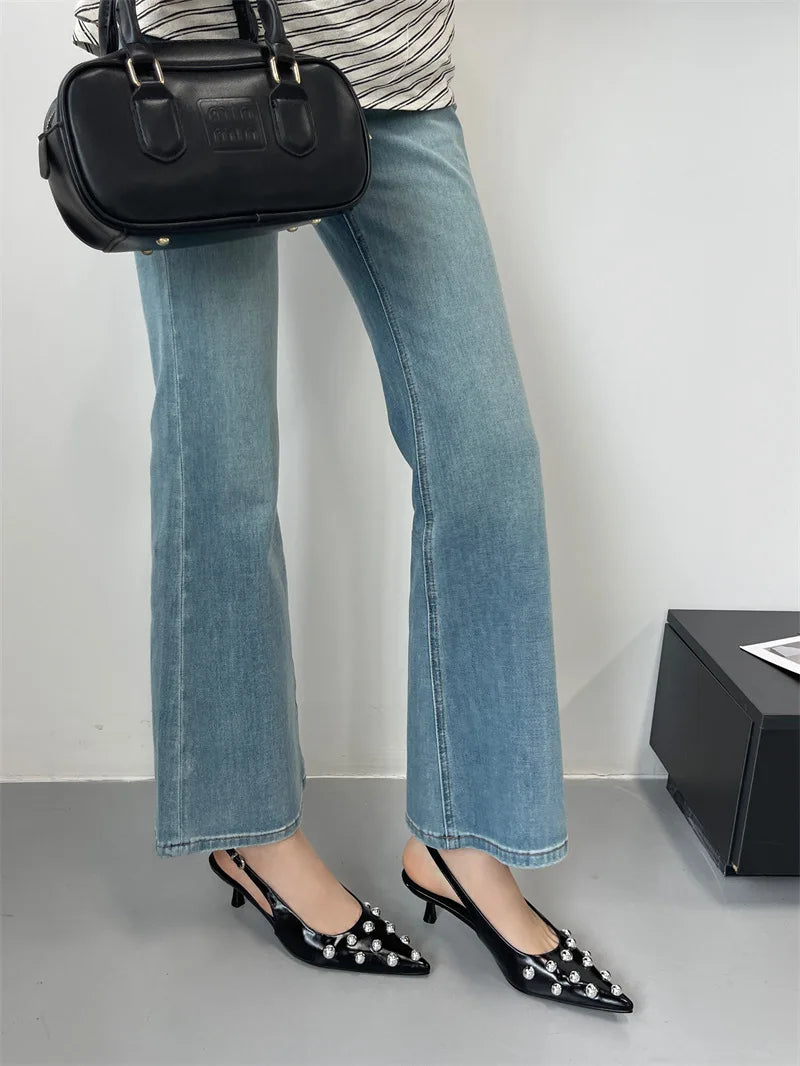 Summer 2025 Fashion Rivet Design High Heeled Sandals Women Sexy Pointed Toe Back Strap Dress Shoes Stripper Pumps Zapatos Mujer