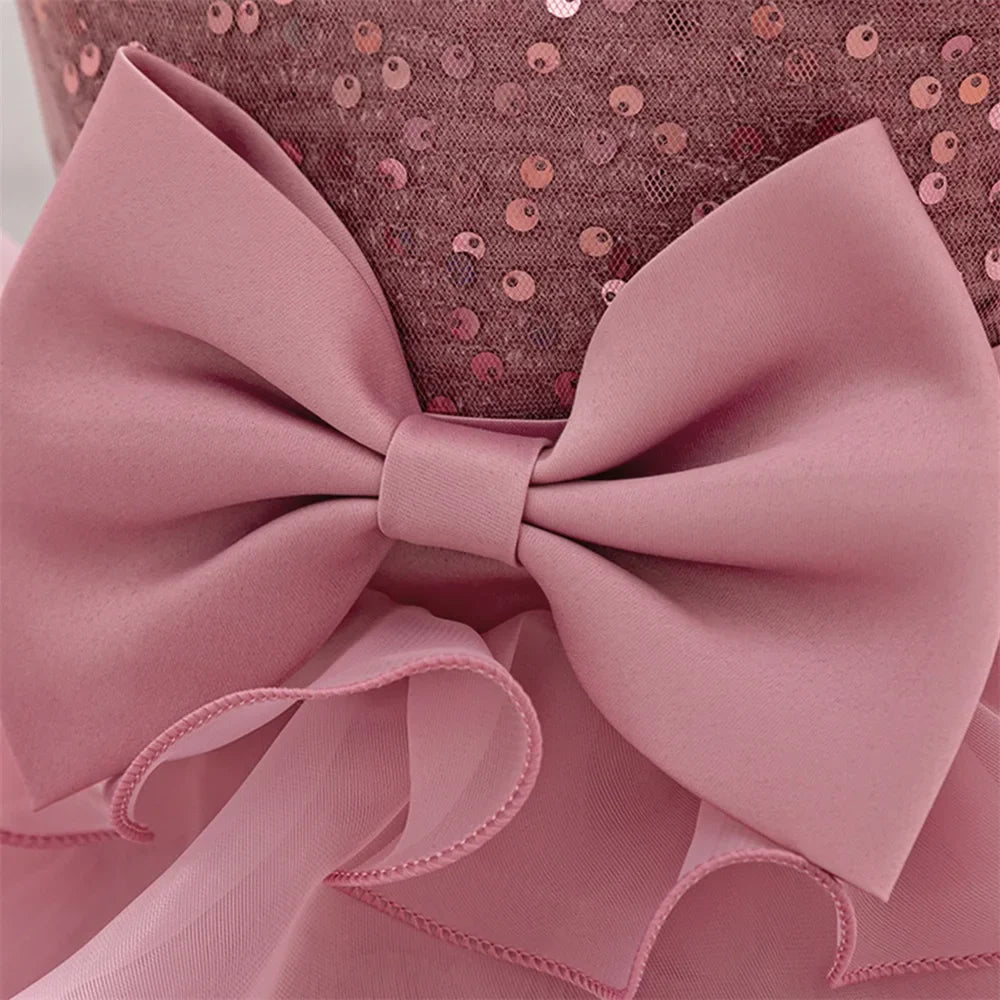 Luxury Baby Sequin Party Dress For Girl Christmas Toddler Layered Bow 1st Birthday Wedding Girl Dresses Formal Lace Baby Clothes