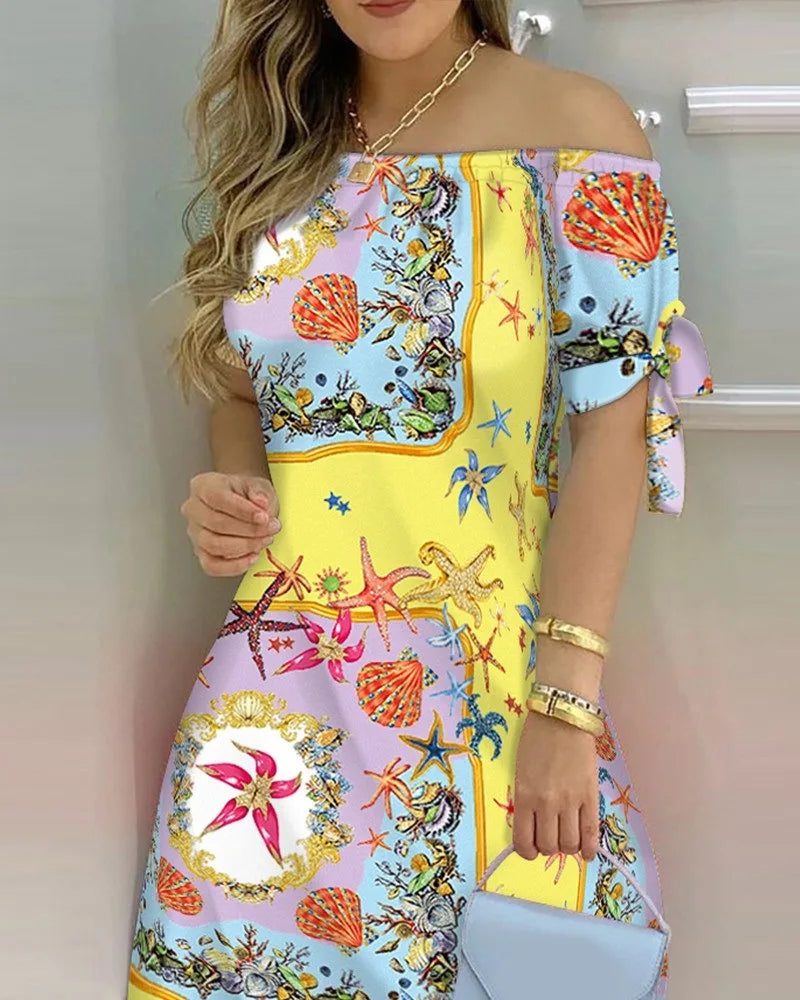 Fashionable Sexy Women's Print Dress Women's Word Shoulder Short -sleeved A -line Dress Ladies Off The Shoulder Mini Dresses