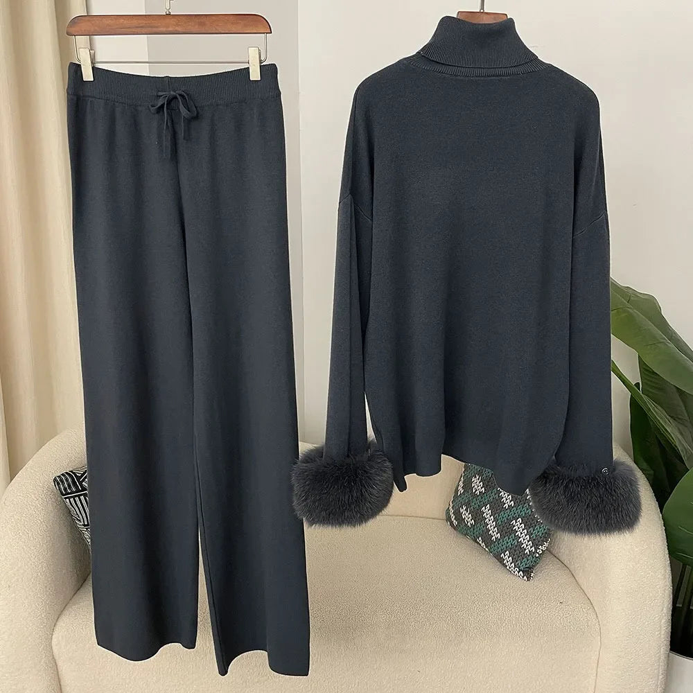 Fashion Autumn Winter Natural Real Fox Fur Cuffs Coat Knitted Sweater Women Long Pants Set Jacket Thick Warm