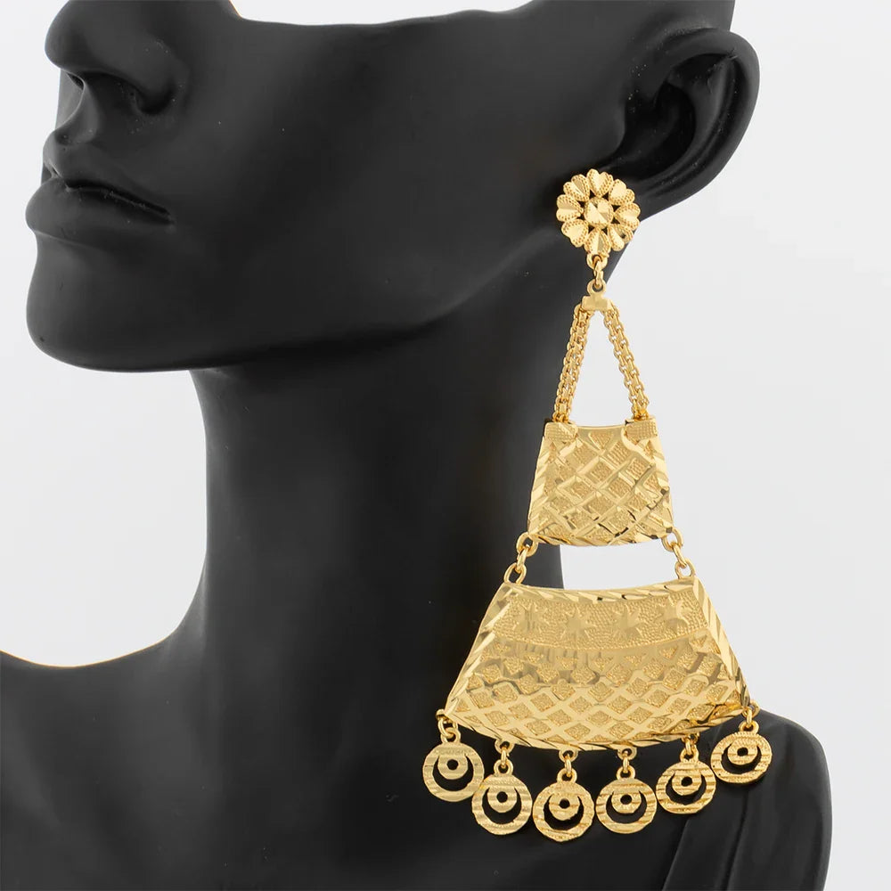 18K Gold Plated Luxury Drop Earring For Wedding African Party Banquet Jewelry Gift Dubai Big Copper Tassel Earrings Daily Wear